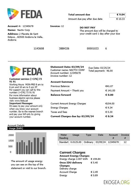 Modèle de facture de services publics des Forces électriques d'Andorre d'Andorre aux formats Word et PDF